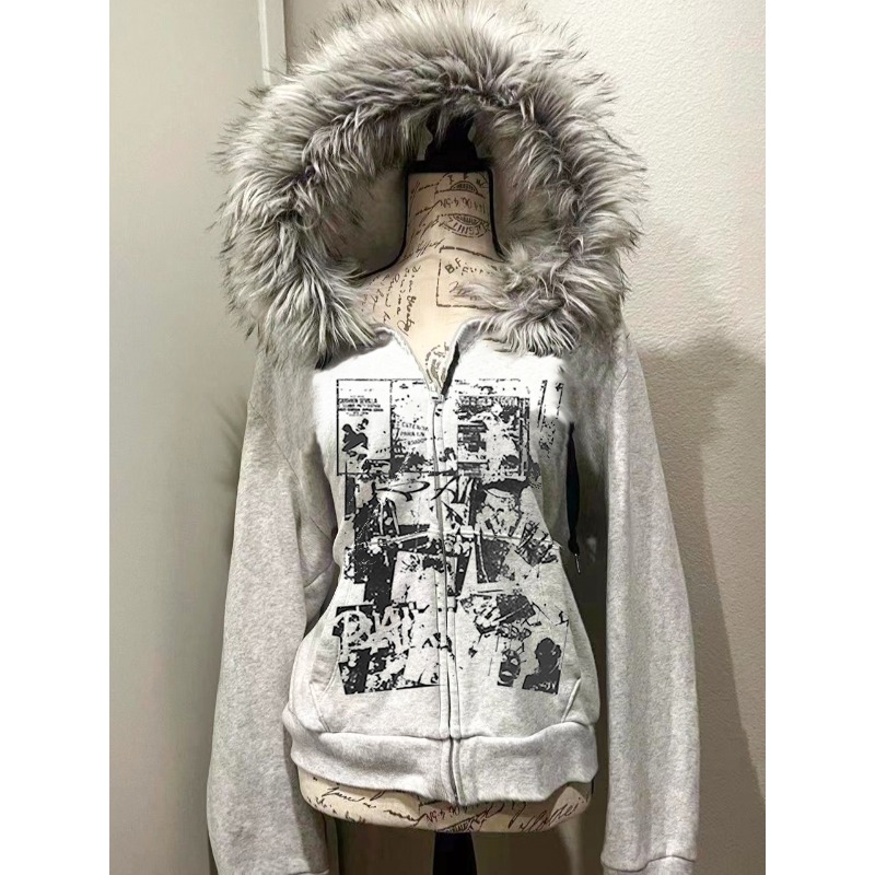 Grey Faux Fur Wool Double Zipp - Street Fashion Zip Up Hoodie recension och pris