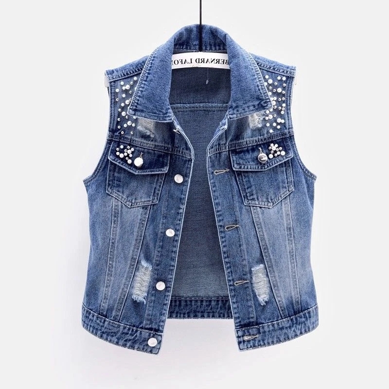 Women Denim Vest Luxury Pearls - Street Fashion Jeans Women recension och pris