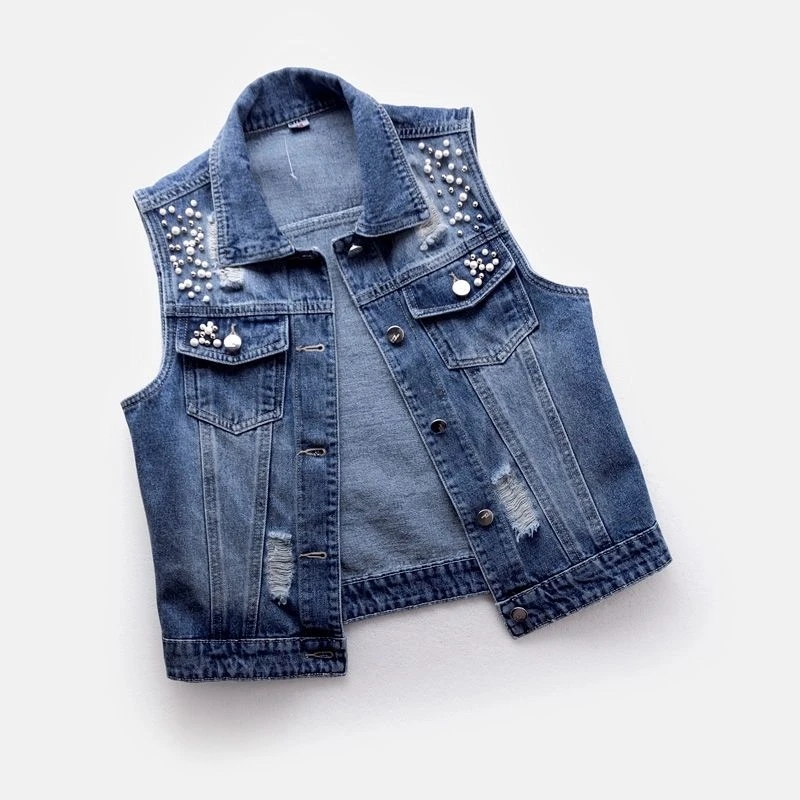 Women Denim Vest Luxury Pearls - Street Fashion Jeans Women recension och pris