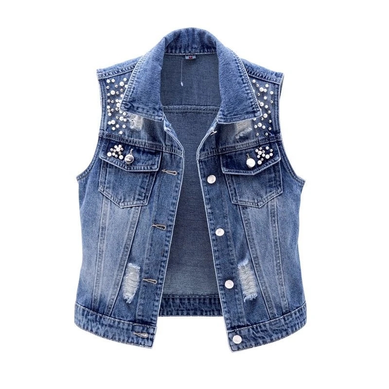 Women Denim Vest Luxury Pearls - Street Fashion Jeans Women recension och pris