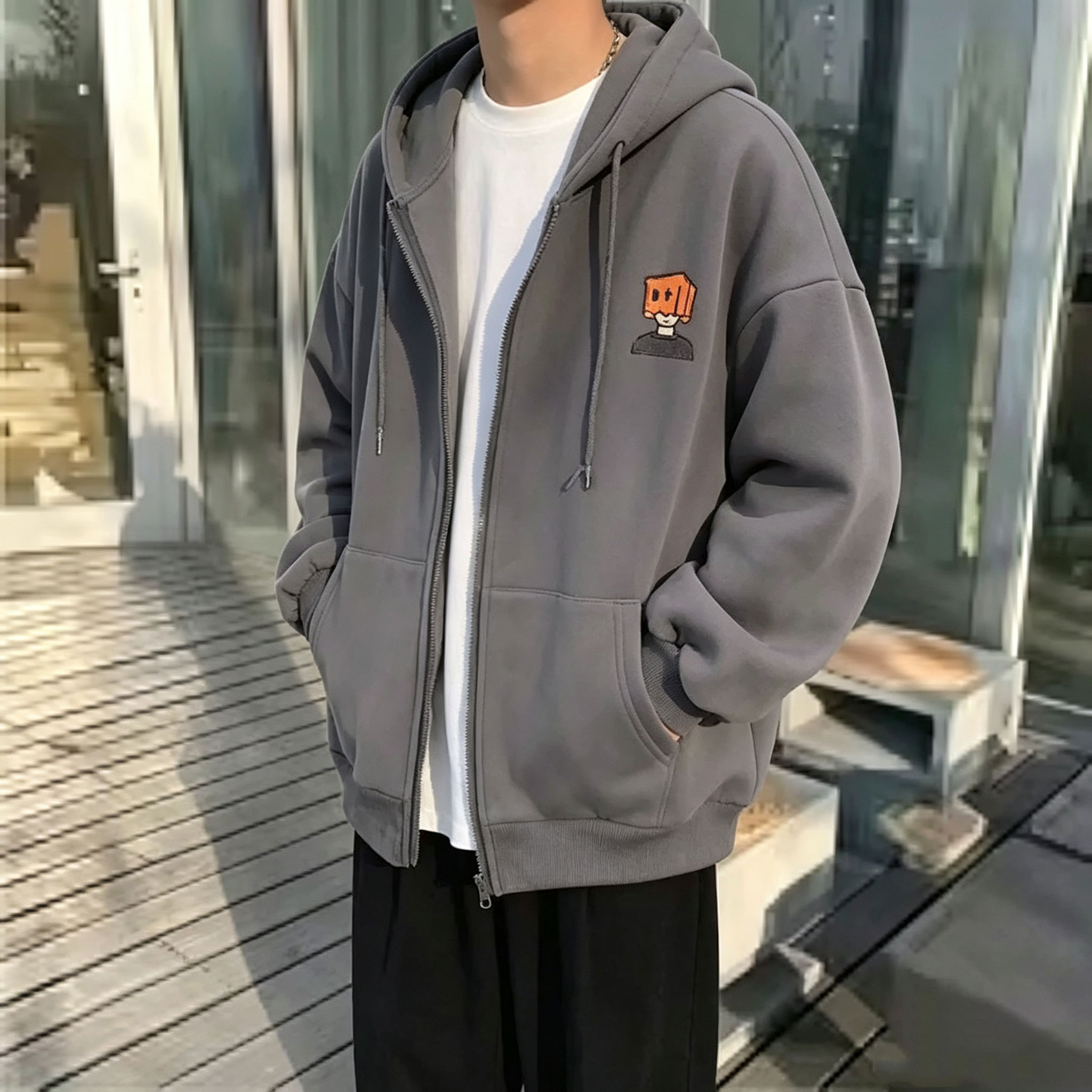 High Street Hoodie Men Solid C - Street Fashion Zip Up Hoodie recension och pris