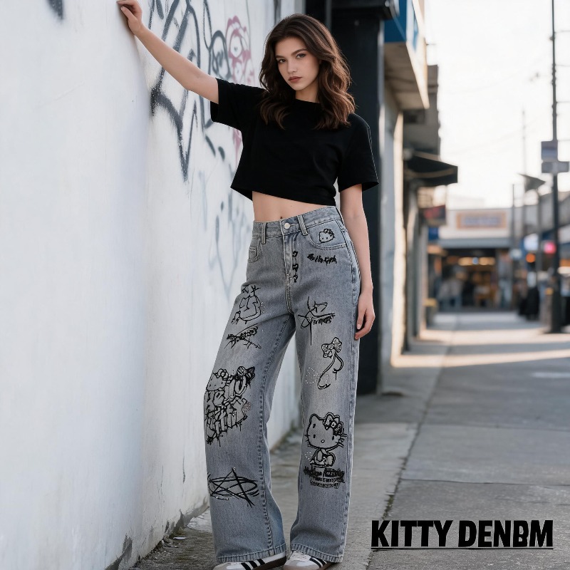 Cute Keiokitty Rhinestone Graf - Street Fashion Jeans Women recension och pris