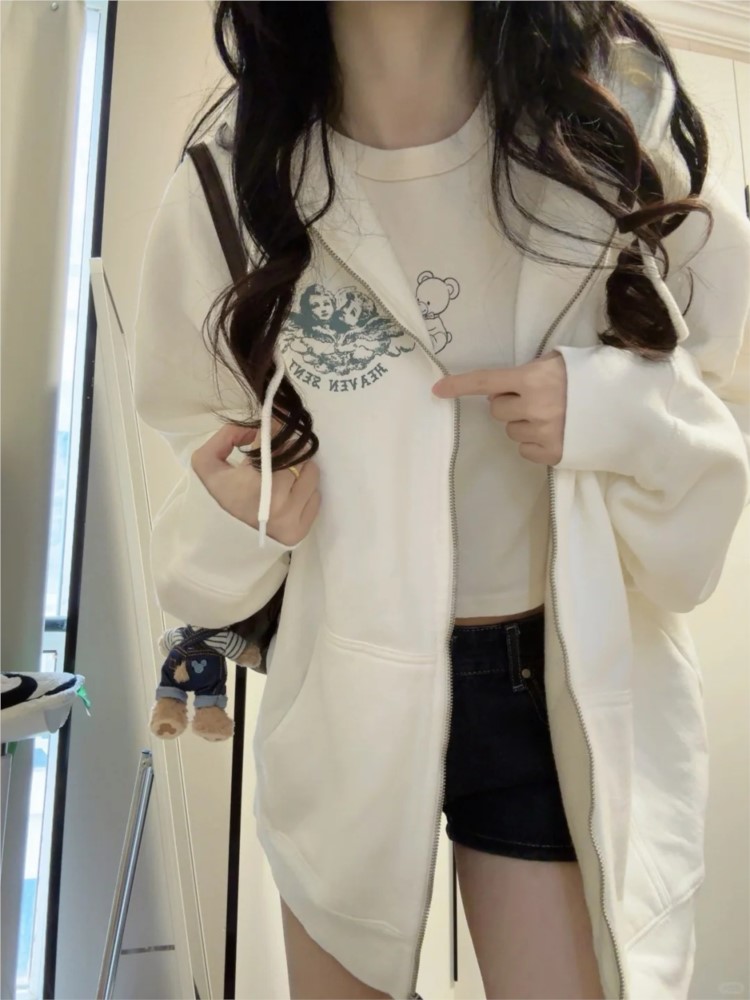 White Vintage Zip-up Hoodies W - Street Fashion Zip Up Hoodie recension och pris
