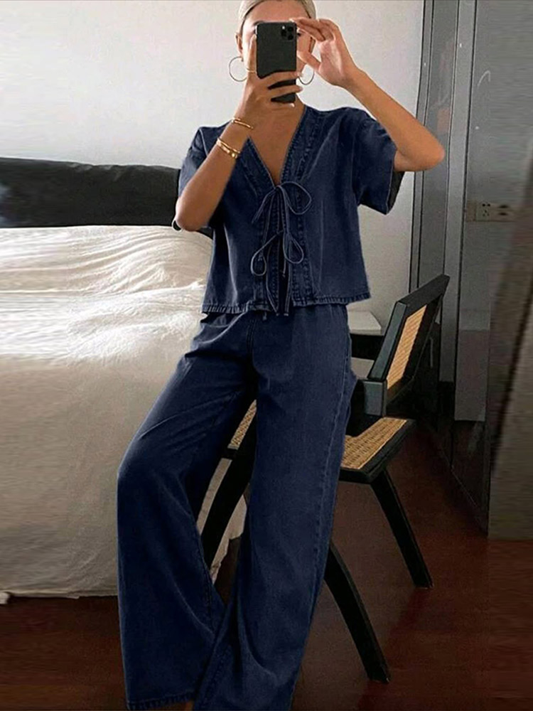 Casual Short Sleeve V Neck Lac - Street Fashion Jeans Women recension och pris